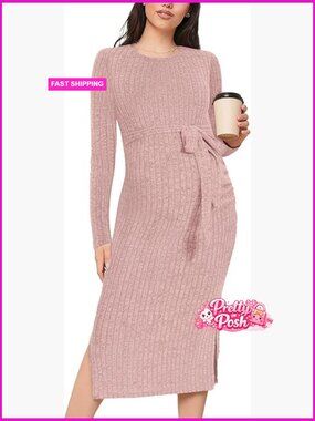 Crewneck Maternity Sweater Dress Rib Knit Long Sleeve Slit Dress with Belt